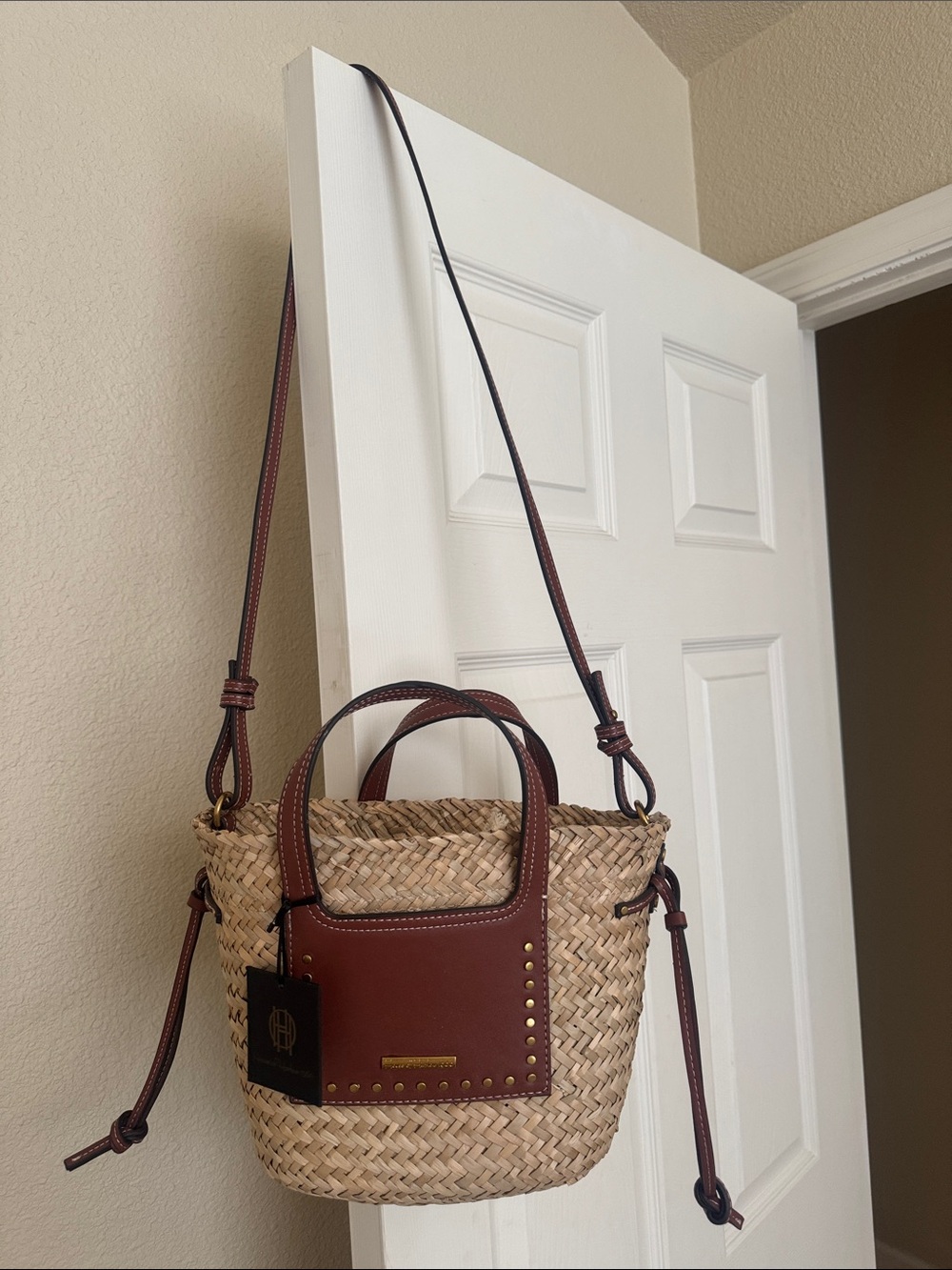 House of Harlow Woven Straw Bag with Brown Leather Trim